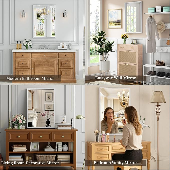 Syndra White Wood Frame Bathroom Mirror, 24''x36'' Modern Vanity Mirror for Wall, Waterproof Slim Deep Frame, Rectangular HD Tempered Glass Mirror for Living Room, Bedroom, Entryway, Rustic, Farmhouse