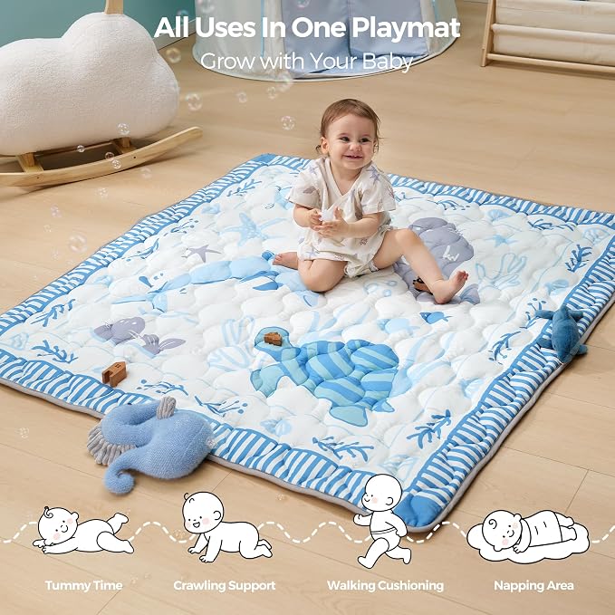 Momcozy Baby Play Mat for Floor, 50"x50" Thickened Playpen Mat | Playmate for Baby Tummy Time, Waterproof & Non-Slip, Foldable Outdoor Mat with Carrying Handle, Ocean Parade