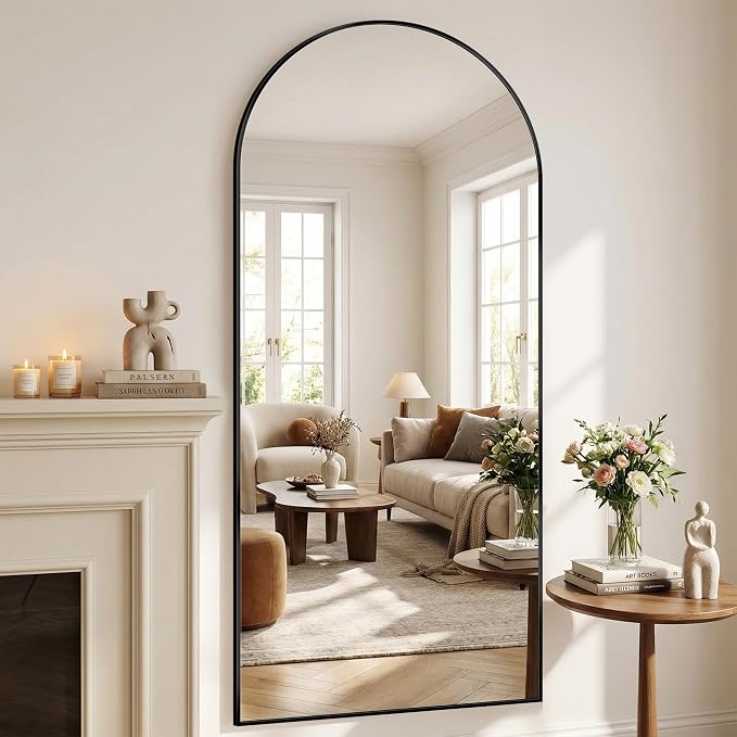 Suidia 76"x34" Arched Full Length Mirror with Stand, Full Body Mirror with Aluminum Frame, Freestanding/Leaning/Wall-Mounted, Floor Mirrors for Bedroom, Living Room, Entryway, Dressing Room, Black