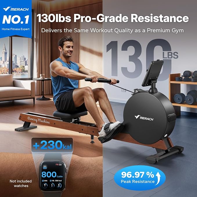 MERACH Pro-Grade Rowing Machines for Home, Smart Magnetic Rowing Machine with Self-Generation, Double Resistance and 400 LBS MAX Load, Wooden Tracks for Silent Sliding