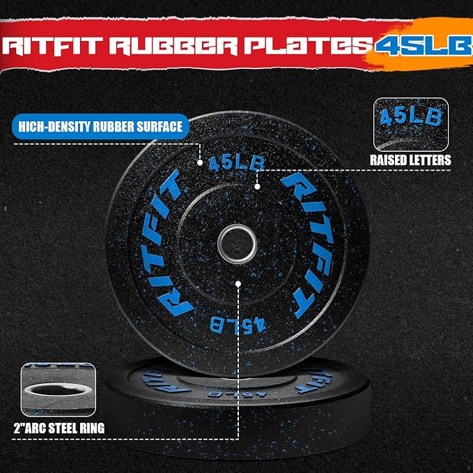 RitFit Bumper Plates, Colored Fleck-Rubber Weight Plates with Steel Insert, 2-inch Olympic Weight Plates for Weight Lifting and Strength Training