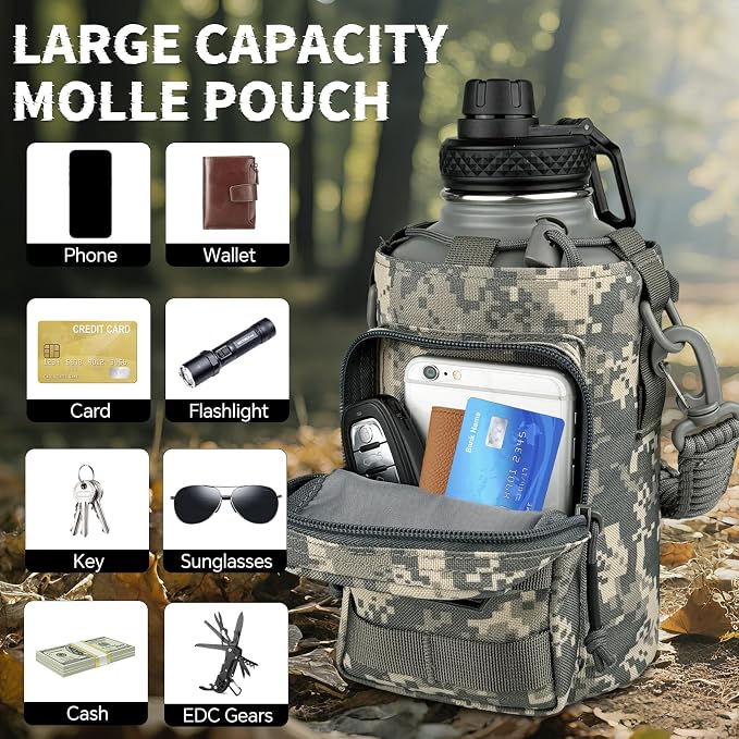 DEFUNX Half Gallon Water Bottle Insulated with Sleeve - Tactical 64 oz Stainless Steel Water Jug with MOLLE Water Bottle Pouch, Gym Water Bottles for Men Hiking Workout (ACU Camo)