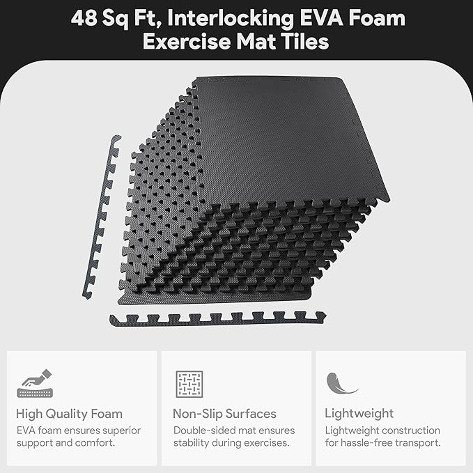 BalanceFrom Puzzle Exercise Mat 1/2" Thick, EVA Interlocking Foam Floor Tiles for Home Gym, Mat for Home Workout Equipment, Floor Padding for Kids, Black, 24 in x 24 in x 1/2 in, 48 Sq Ft - 12 Tiles | Tiles for Home Gym, Mat for Home Workout Equipment,...