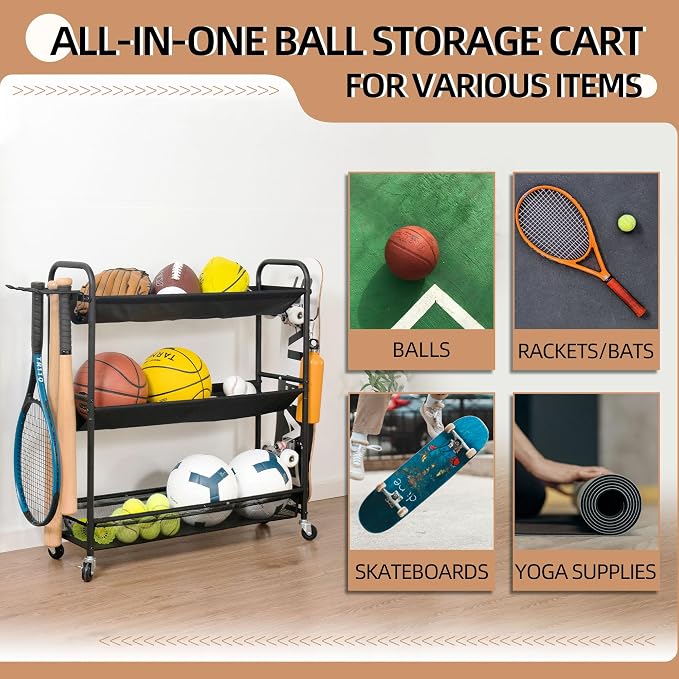 STORAGE MANIAC Basketball Rack 3-Shelf Training Stand with Wheels | Sports Ball Cart with Hooks, Rolling Ball Basket Storage for Garage or Gym, Indoor & Outdoor Sports Equipment Organizer