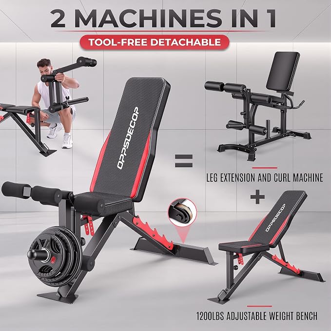 1200LBS Workout Bench with 3-Level Adjustable & Removable Leg Extension/Leg Curl, Adjustable Weight Bench for Home Gym, Incline/Flat Bench Press Full Body Workout, Universal Fit for All Body Types