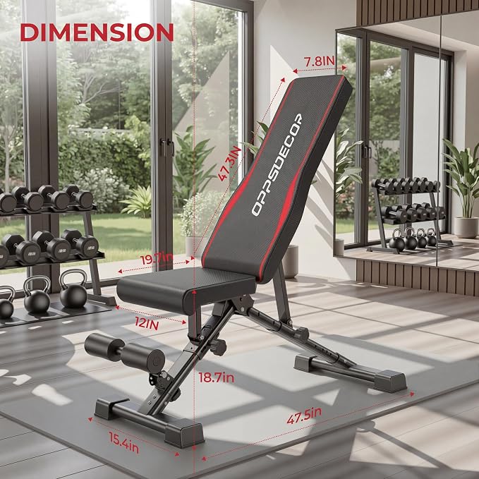 OPPSDECOR Adjustable Weight Bench, 900LBS Foldable Workout Bench | 8+4+2 Positions, 18.5in Seat Height, 20in Rear Base, Folds to 33x8x12in, Flat Incline Decline Bench Press, Under 1-Min Setup