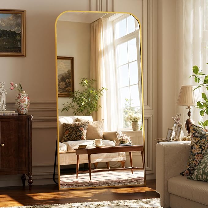 XRAMFY Full Length Mirror - Large Floor Standing & Wall Mountable Full Body Mirror with Sturdy Aluminum Frame, Arched Top Design, Freestanding or Hanging for Bedroom, Living Room, Cloakroom,Gold