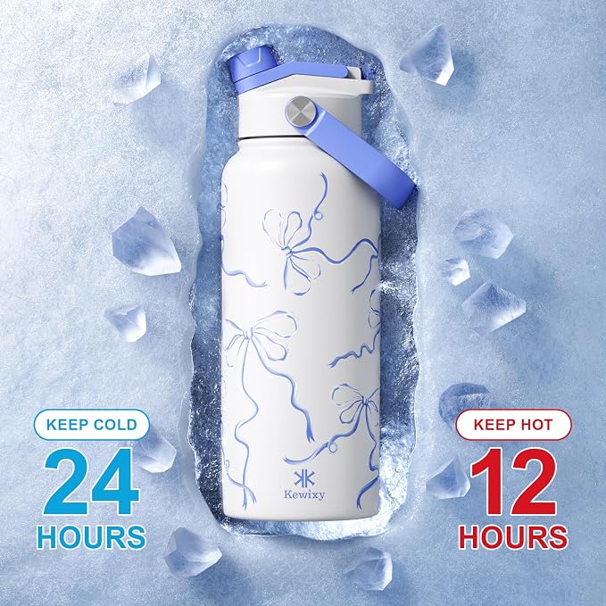 KEWIXY 32 oz Bow Water Bottle, 2-in-1 Lid, Straw & Spout with Protected, Leak Proof, Keep Cold, Stainless Steel, Metal, Reusable, Handle, for Travel, Gym and School, Breeze Blue Bow