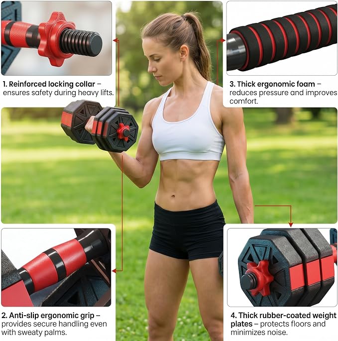 6-in-1 Adjustable Dumbbell & Barbell Weight Set, 45LB Octagon Anti-Roll Iron Sand & Cement Composite Weights, All-in-One Home Gym Equipment with Kettlebell, Push-up Stands & Gloves