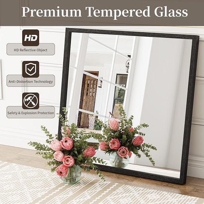 Syndra Square Black Wood Frame Bathroom Mirror, 32''x32'' Modern Vanity Mirror for Wall, Waterproof Slim Deep Frame, HD Tempered Glass Mirror for Living Room, Bedroom, Entryway, Rustic, Farmhouse