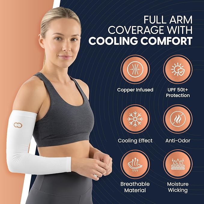 Copper Compression Full Arm Sun Sleeves for Men and Women UPF 50+ UV Protection