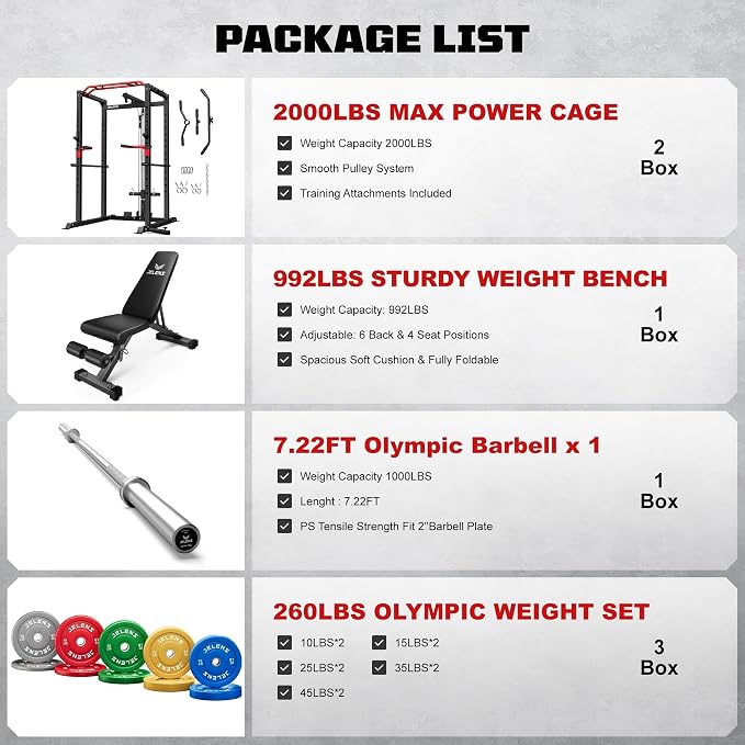 JELENS S11 Power Cage, 2000LB Multi-Function Power Rack with LAT Pulldown, Squat Rack with Adjustable Pulley System and Training Attachments, Weight Rack for Home Gym