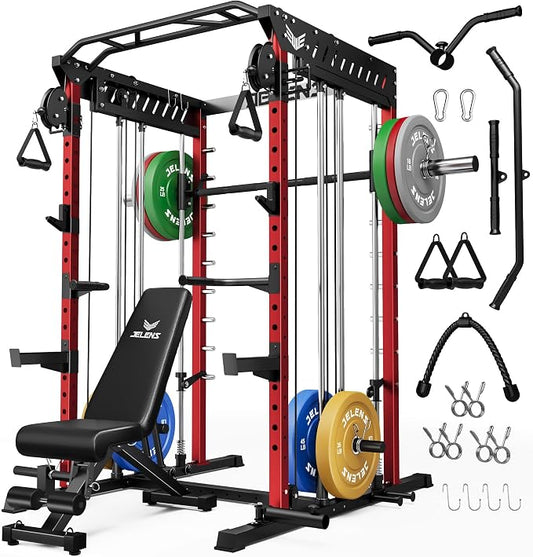 JELENS M21 Smith Machine, Multi-Function Power Cage with Dual Pulley Cable Crossover System, 2000LBS All-in-One Squat Rack with Smith Bar and Attachments for Home Gym