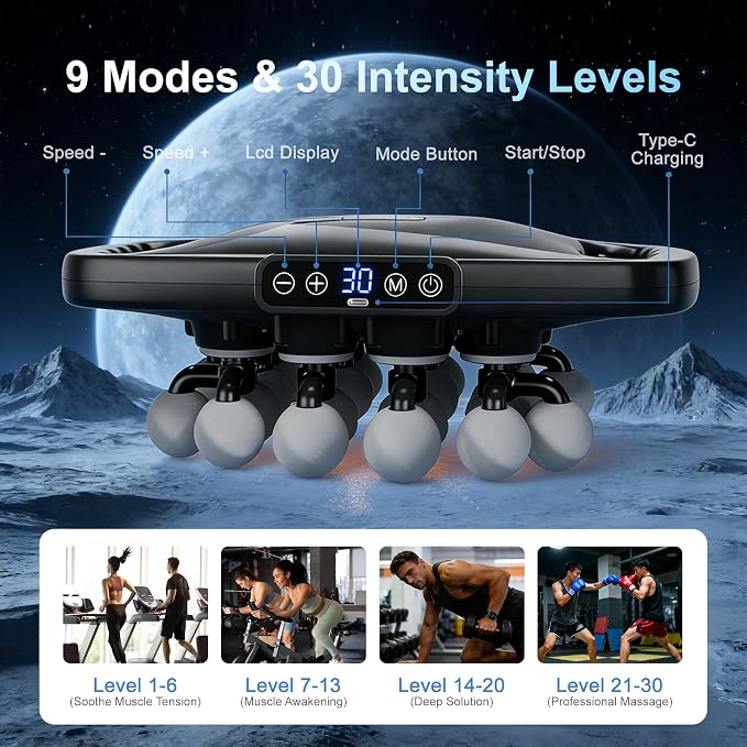 Massage Gun Deep Tissue, Body Massage with 9 Modes & 30 Intensities | Percussion Muscle Massager Gun for Back Neck Shoulder Legs Pain Relief, Gift for Athletes Men Women