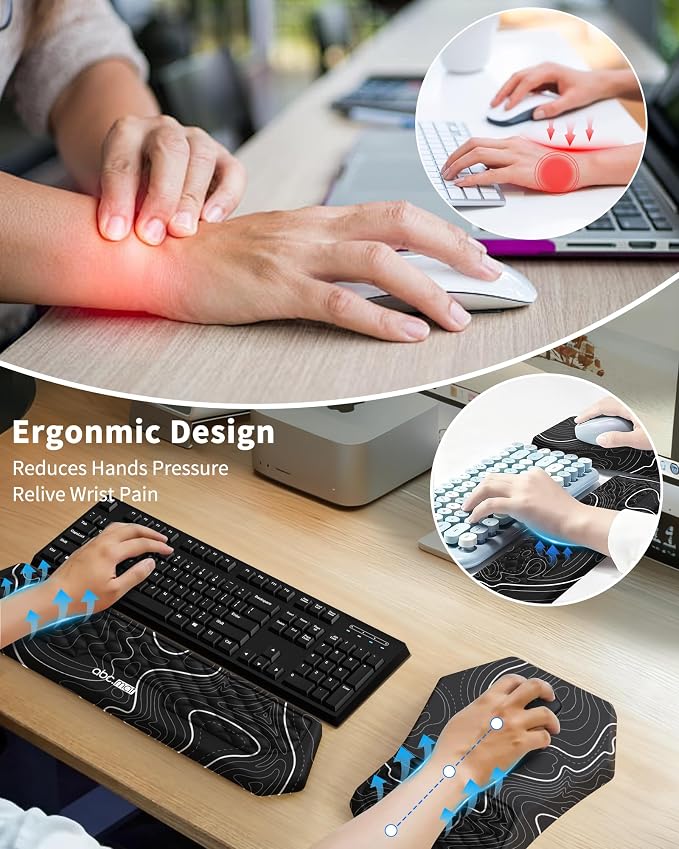 Ergonomic Mouse Pad Wrist Rest and Keyboard Wrist Rest Support Set | Massage Design Mousepad for Carpal Tunnel Pain Relief, Memory Foam, Non-Slip PU Base for Computer Desk, Topographic