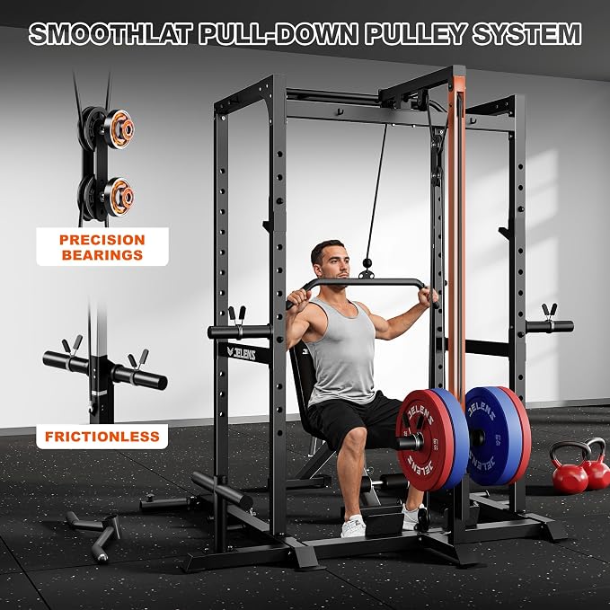 JELENS S21 Power Cage, Multi-Function Power Rack with Adjustable Cable Crossover System, 2000LBS Squat Rack for Home Gym with More Training Attachments