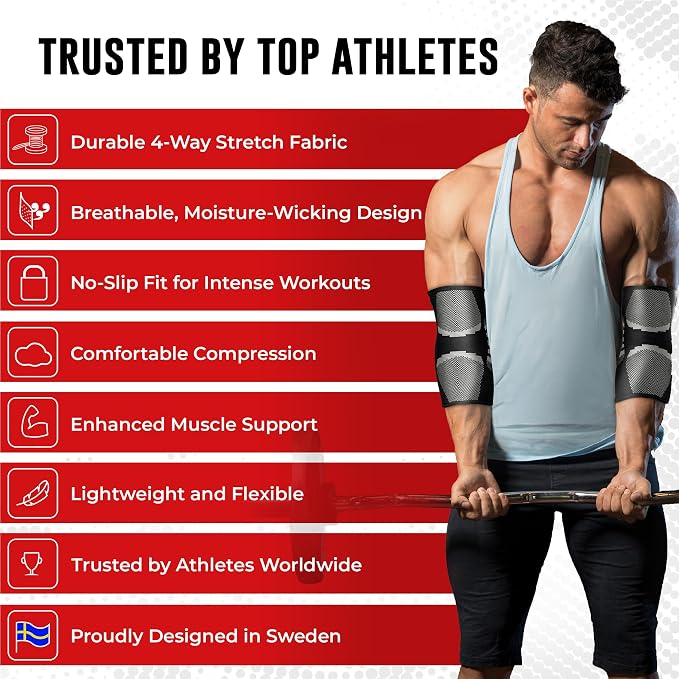 Nordic Lifting Elbow Compression Sleeve & Brace for Weightlifting | These elbow compression sleeves provide support that holds firm through weightlifting and strength training during gym days