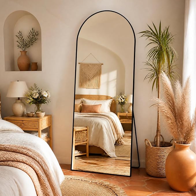 Arched Full Length Mirror 56"x21" Leaning Hanging Decor Black | Standing Body Mirror with Aluminum Frame for Bedroom Cloakroom Living Room Make-up Gift