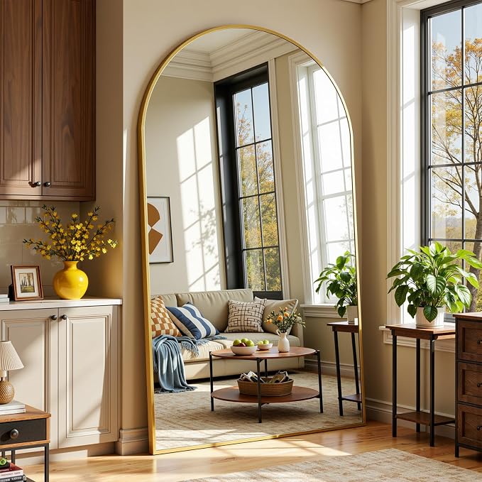 Full Length Mirror 90" L x 46" Full Body Standing Mirror for Bedroom, Living Room, Gym, Dorm - Shatter-Resistant & Easy Assembly, Arched Style Gold