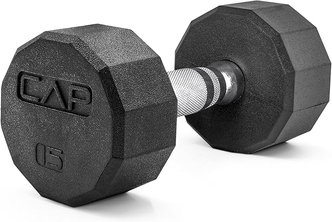 CAP Rubber Coated Dumbbell Weights, Free Weights for Home Gym Strength Training, Anti-Roll Hex Dumbbells with Black, Chrome & Comfort Grip Handles, Singles