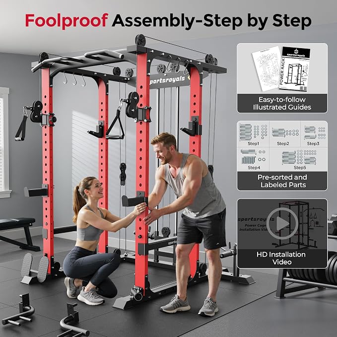 SPORTSROYALS Power Rack, Multi-Functional Power Cage, Squat Rack with Pulley System & LAT Pull Down, Workout Cage with J Hooks for Home Gym