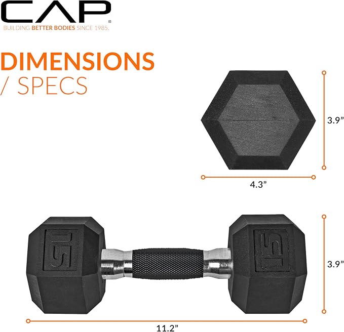 CAP Rubber Coated Dumbbell Weights, Free Weights for Home Gym Strength Training, Anti-Roll Hex Dumbbells with Black, Chrome & Comfort Grip Handles, Pairs & Sets