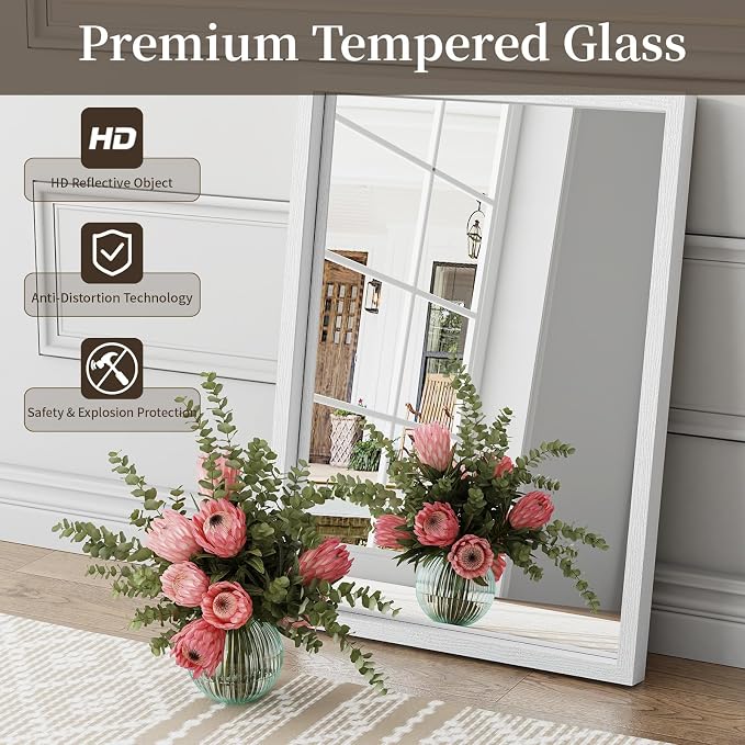 Syndra White Wood Frame Bathroom Mirror, 22''x30'' Modern Vanity Mirror for Wall, Waterproof Slim Deep Frame, Rectangular HD Tempered Glass Mirror for Living Room, Bedroom, Entryway, Rustic, Farmhouse