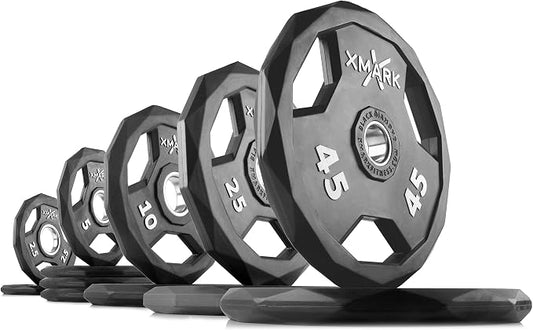 XMARK Black Diamond Olympic Weight Plates 2-Inch, Rubber Barbell Plates with Tri-Grip Handles for Home Gym Strength Training