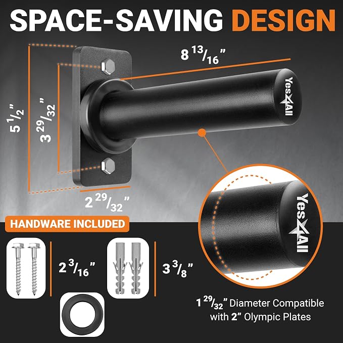 Yes4All Vertical Wall Mounted Olympic Barbell Holder, Barbell Storage Rack, Hanging Barbell Rack for Home Fitness Equipment