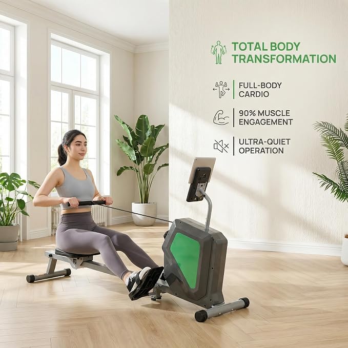 Magnetic Rowing Machine, Quiet Foldable Rower with 8-Level Resistance, LCD Monitor & Tablet Holder, Full-Body Low-Impact Cardio Equipment, Optional 2-in-1 Strength Training