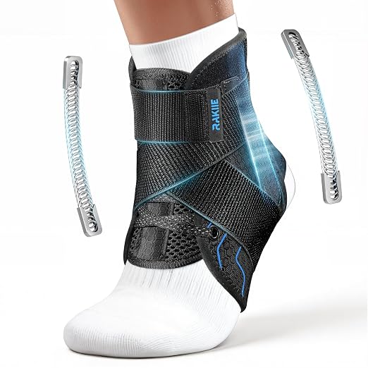 Rakiie Quick Lace Up Ankle Brace with 2 Metal Support Stays, Breathable Stabilizer for Sprained Ankle, Slim Fit Ankle Support for Men & Women, Sports, Running, Basketball (Black, S)