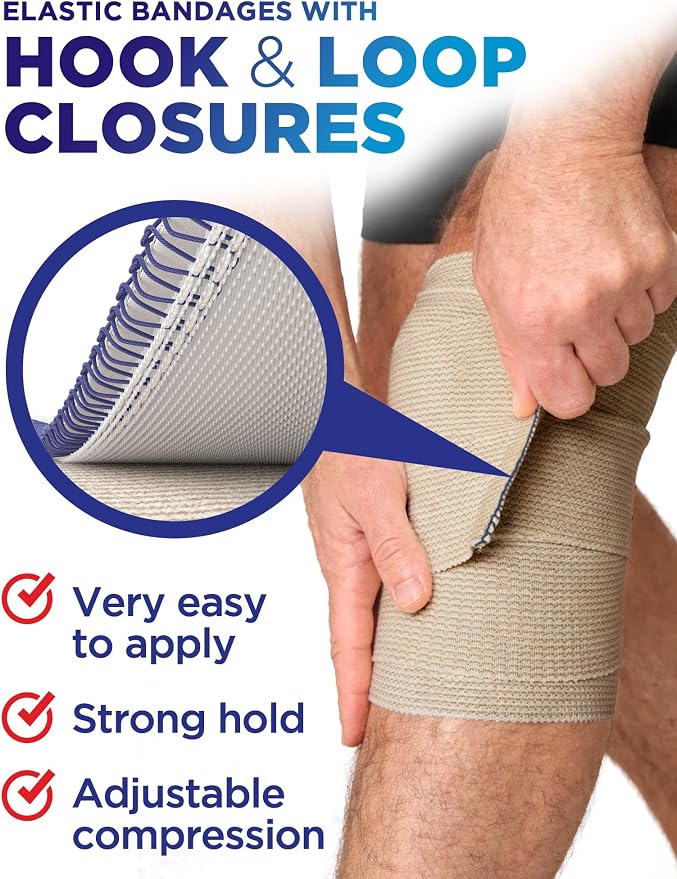Premium Elastic Bandage Wrap - 4” (2pk) - Self-Closing Compression Bandage | Reusable Bandage Wrap for Leg, Ankles, Wrists, and Knees - For First Aid Kit and After Surgery Recovery - Latex Free
