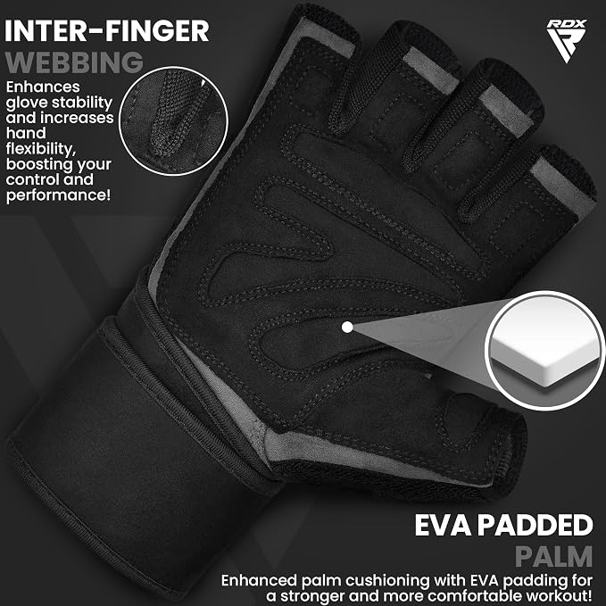 RDX Weight Lifting Workout Gloves with Wrist Support, 50 CM Long Wrist Straps, Anti Slip Padded Palm, Breathable Gym Grip for Fitness Training Powerlifting, Men Women Bodybuilding Exercise