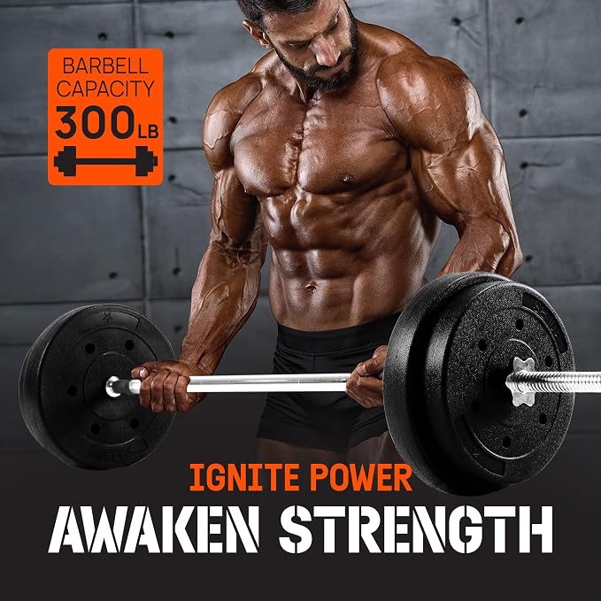 Yes4All Standard Straight Barbell 60" & EZ Curl Bar 47", Capacity 200 to 480 LB, Weight Bar 1" to 2" Diameter - Star Lock Collars, Rubber Ring, Barbell Spins Included for Deadlifts & Squats