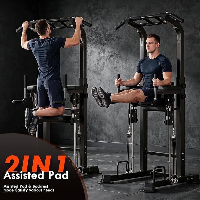 SogesPower Power Tower Multi-Function Pull Up Bar Station for Home Gym | 10-Level Height& 5-Level Armrest Adjustable,2-IN-1 Assisted Pad,Pull Up Dip Station Strength Training Workout Equipment