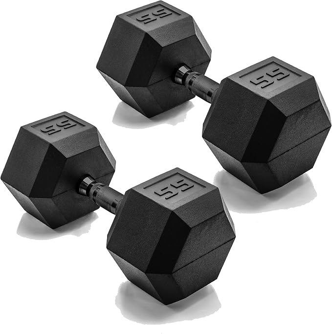 CAP Rubber Coated Dumbbell Weights, Free Weights for Home Gym Strength Training, Anti-Roll Hex Dumbbells with Black, Chrome & Comfort Grip Handles, Pairs & Sets
