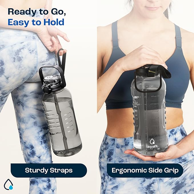 AQUAFIT 64 oz Water Bottle with Handle, 2in1 Lid | BPA Free Half Gallon Water Bottle with 2in1 Straw and Chug Lid - Leakproof Gym Water Bottle with Time Marker (Nebula)