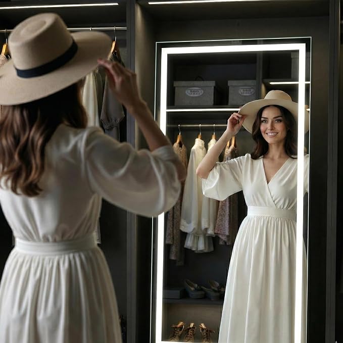 Full Length Mirror with Lights, 71" x 26" LED Floor Mirrors, Full Body Dressing Standing Mirrors with Dimming & 3 Color Lighting, Hanging Mounted Mirror for Living Room Bedroom Cloakroom
