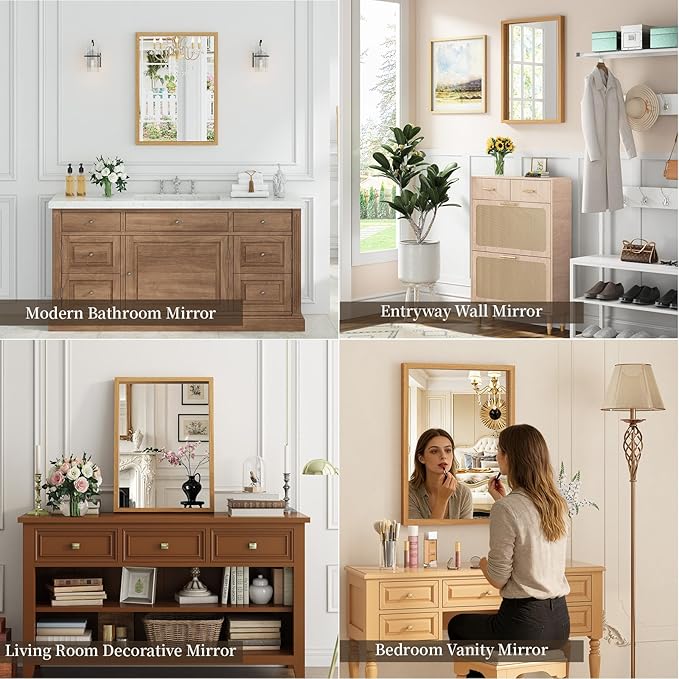 Syndra Natural Wood Frame Bathroom Mirror, 22x30'' Modern Vanity Mirror for Wall, Waterproof Slim Deep Frame, Rectangular HD Tempered Glass Mirror for Living Room, Bedroom, Entryway, Rustic, Farmhouse