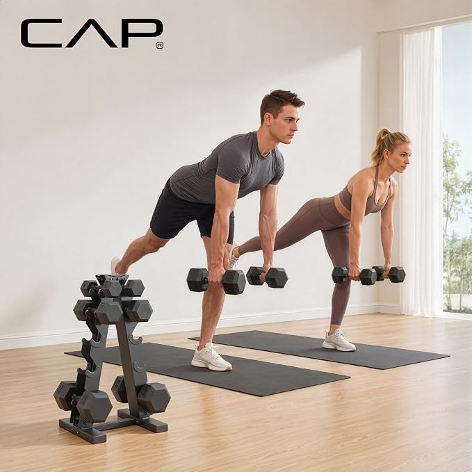 CAP Rubber Coated Hex Dumbbell Set with Storage Rack | 100–210 lb Options, Space-Saving Vertical Compact Storage for Home Gym Strength Training