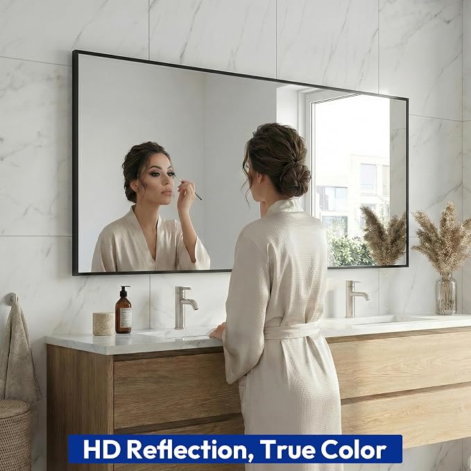 30" x 55" Matte Black Wall Mirror for Bathroom, 55" x 30" Full Length Body Mirror, Metal Framed Vertical/Horizontal Decor for Bedroom & Vanity