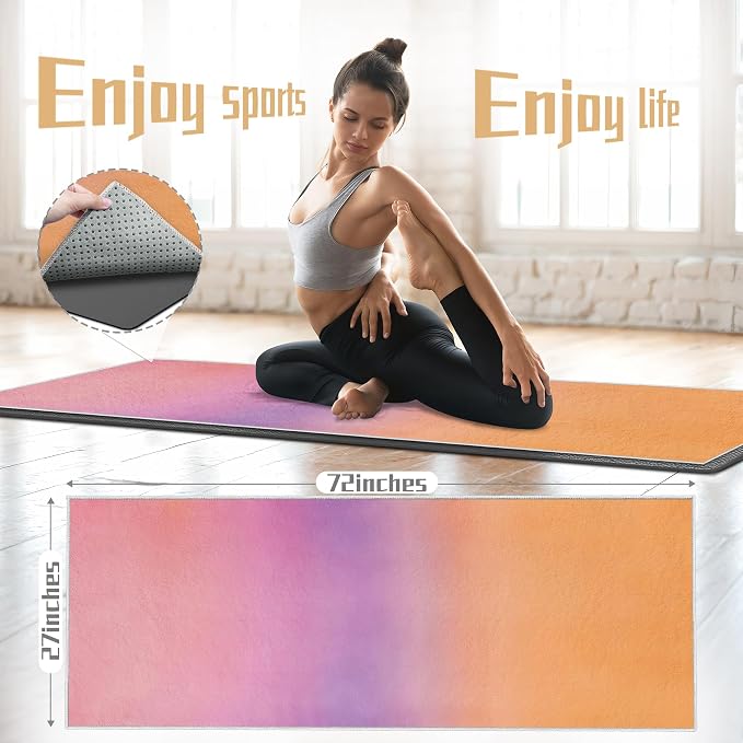 Yoga Mat Towel Non Slip Ultra-Absorbent Hot Yoga Towel, Super Stylish Printed Sweat Hot Yoga Towel, Ideal for Home, Workouts, Pilates, Yoga, 72 x 27in, Purple & Orange