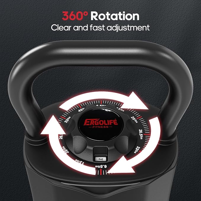 ERGOLIFE 6.5LB-40LB Adjustable Kettlebell Set, 6-in-1 Quick Weight Change, Space-Saving Weight Set for Home Gym Strength Training for Men and Women (Black)