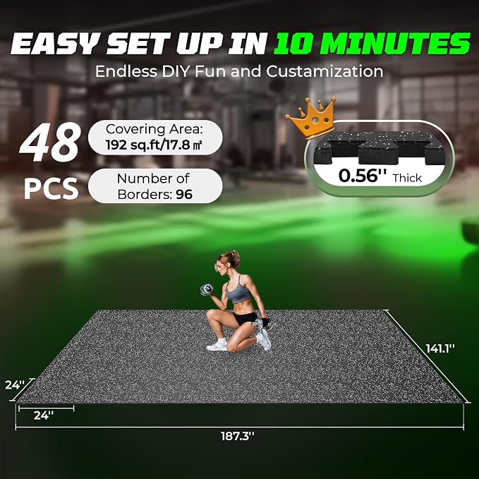 PRAISUN 0.56" Rubber Top Gym Flooring, Heavy Duty Interlocking Gym Mats for Home Gym, Non-Slip Workout Mat, 24 x 24in Large Gym Floor Mat, Protect Floors from Equipment, 192 Sq Ft, Black/Grey