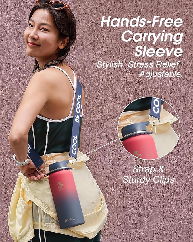 Coolflask 40 oz Water Bottle Insulated Stainless Steel with Strap | Metal Water Flask with Straw & Spout Lids, Triple-Wall, Cold 48+h, Dishwasher Safe, Leakproof, BPA-Free, for Gym & Hiking