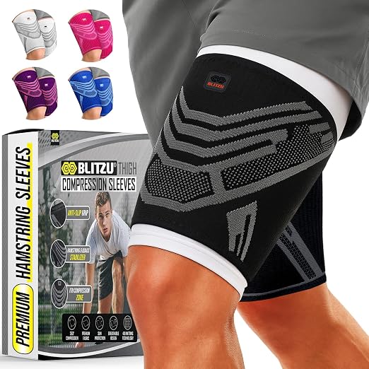 BLITZU Thigh Compression Sleeve, Hamstring Support Brace for Men Women L | Upper Leg Wrap for Running, Gym Workout, Muscle & Injury Recovery, Quad & Groin Comfort, Improved Circulation, Daily Wear