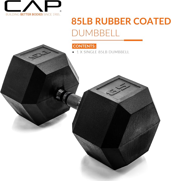 CAP Rubber Coated Dumbbell Weights, Free Weights for Home Gym Strength Training, Anti-Roll Hex Dumbbells with Black, Chrome & Comfort Grip Handles, Singles