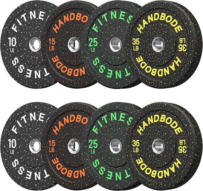 HANDBODE 2-Inch High-Bounce Bumper Plates, Olympic Weight Set, 10-650 lb | Barbell Weight Plates Set for Home Gym, Colored Weights Rubber Strength Training Plate for Weight Lifting