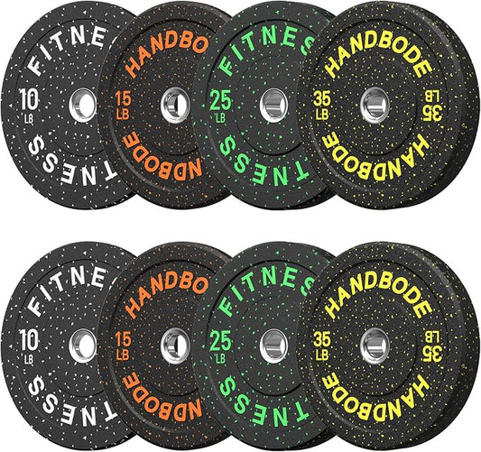 HANDBODE 2-Inch High-Bounce Bumper Plates, Olympic Weight Set, 10-650 lb | Barbell Weight Plates Set for Home Gym, Colored Weights Rubber Strength Training Plate for Weight Lifting