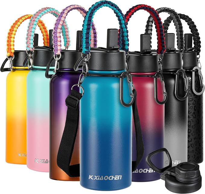 KXIAOCHEN Insulated Water Bottle with Strap, 48-Hour Cold, 2 Lids | Triple-wall insulation, lead-free 18/8 Stainless steel, paracord handle, carabiner clip, for gym, hiking, camping and travel